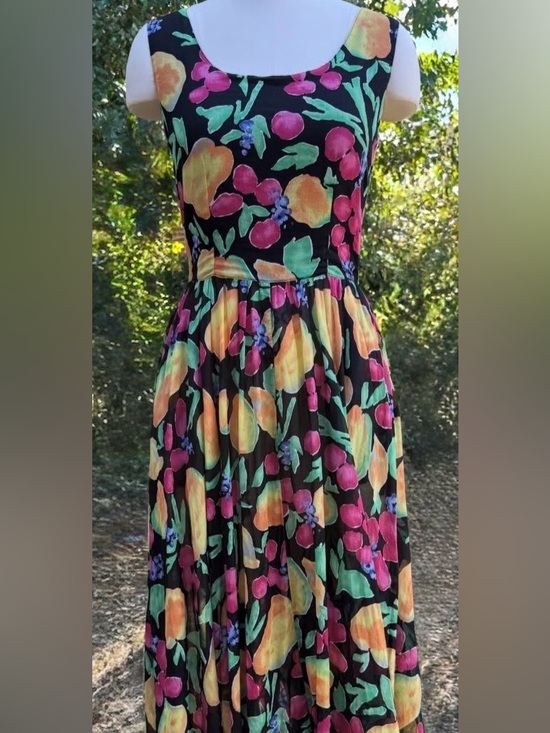 Esprit Dresses & Skirts - Vintage 90s Esprit Black Midi Dress with Multicolor Fruit and Floral Print
